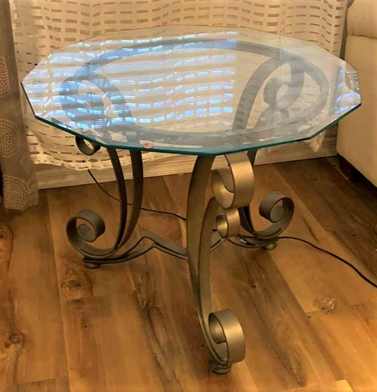 Photo 1 of METAL AND GLASS SIDE TABLE 26” x 26” H21”