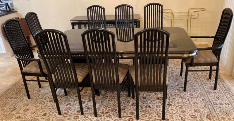 Photo 1 of BLACK LACQUER TABLE WITH 9 CHAIRS 73” X 42” H29” AND 18" LEAF EXTENDING TABLE TO 91" 