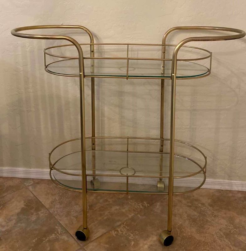 Photo 1 of BEVERAGE SERVER GOLD ALUMINUM AND GLASS 36” X 14” H33”