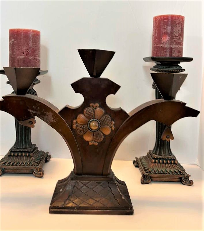 Photo 1 of HOME DECOR, 3 PIECES WOOD AND RESIN CANDLE HOLDERS, TALLEST W CANDLE H 16”