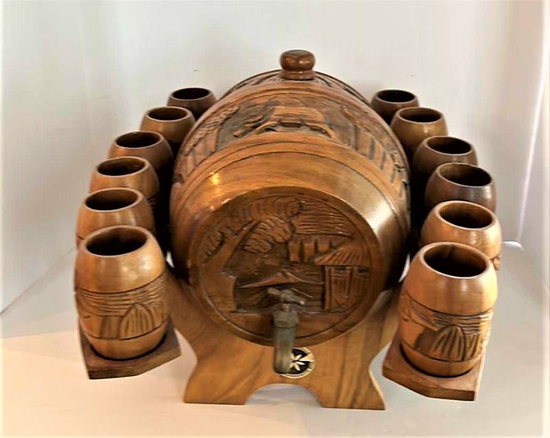 Photo 1 of CARVED WOOD BEER STEIN AND 12 GOBLETS  15” x 18” x H12”