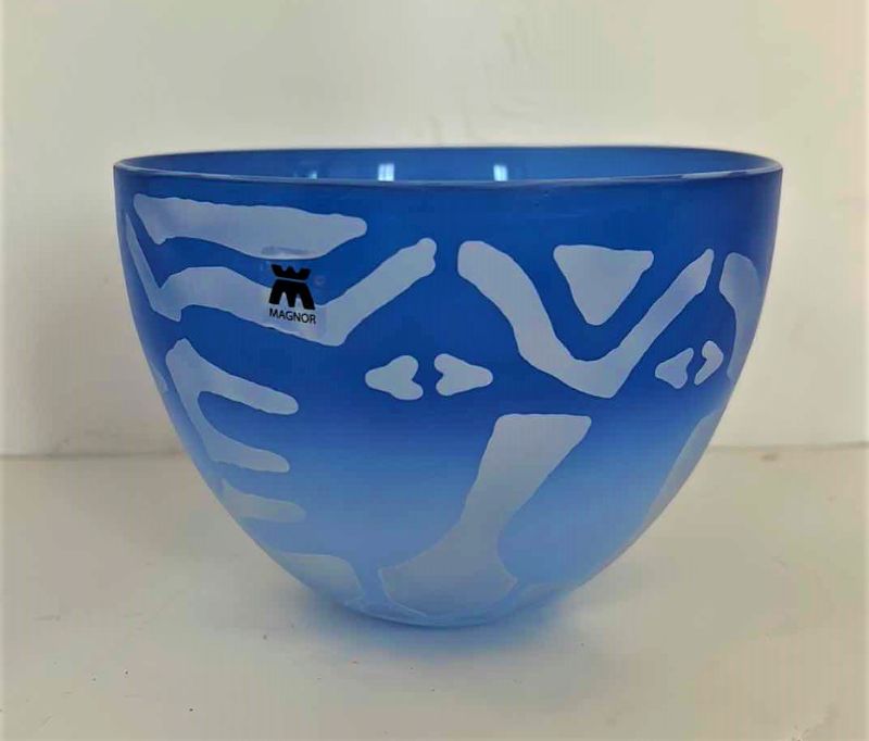 Photo 1 of MAGNOR BLUE GLASS BOWL FROM ITALY, $70, 6” x 4.5”