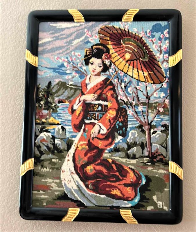 Photo 1 of ARTWORK, BLACK AND GOLD FRAMED ASIAN NEEDLEPOINT 23” x 30.5”