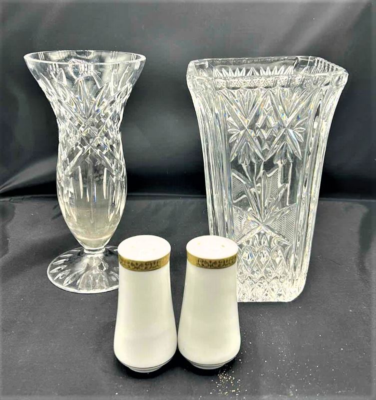 Photo 1 of 2 WATERFORD CRYSTAL VASES H8.25” AND WHITE SALT AND PEPPER SHAKERS