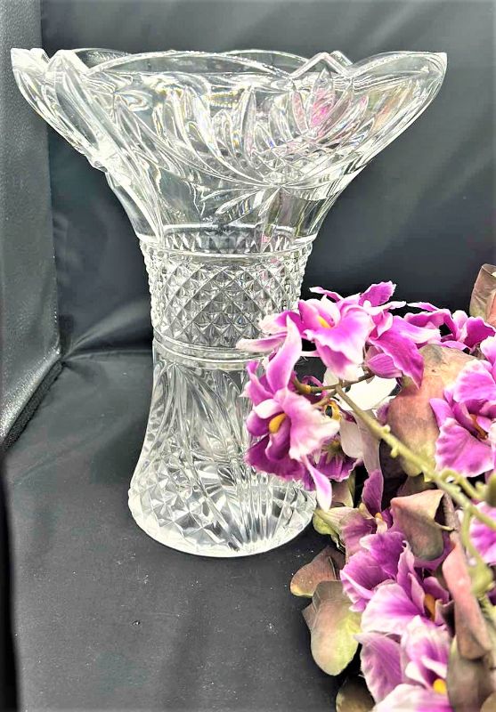 Photo 1 of CUT CRYSTAL VASE H12” AND FAUX FLOWERS