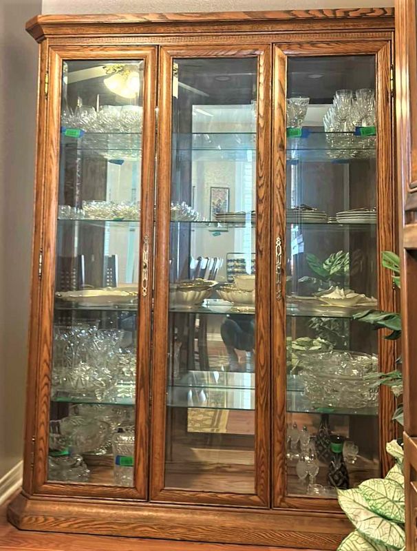 Photo 1 of LIGHTED WOOD CHINA / CURIO CABINET, MIRRORED W GLASS SHELVES, (CONTENTS NOT INCLUDED) 63” x 20” x H77”