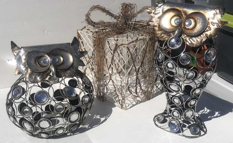 Photo 1 of CHRISTMAS DECORATIONS, METAL GIFT BOX AND METAL SCULPTURE OWLS APPROX 15” TALL