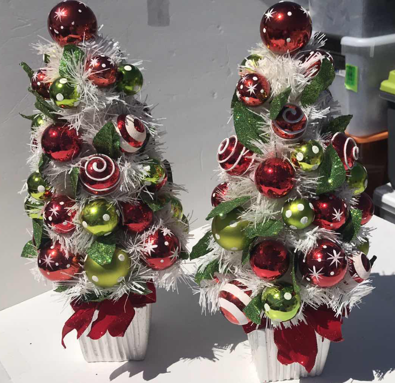 Photo 1 of CHRISTMAS DECORATIONS FOR TABLE- PIER 1 CERAMIC COASTERS WITH HOLDERS, 2 GLASS GEL CANDLE HOLDERS, 2  20” TALL TREES WITH ORNAMENTS