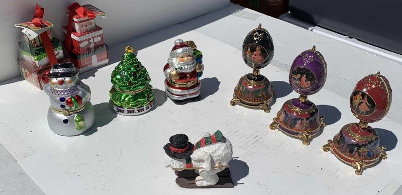 Photo 1 of CHRISTMAS DECORATIONS- 3 MUSICAL FABERGE LIKE EGGS, 3 MUSICAL CHRISTMAS DECOR,  PLUS 3 TABLETOP DECORATIONS