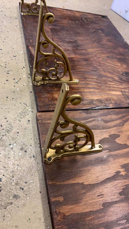 Photo 1 of 2 WOODEN SHELFS WITH BRASS SUPPORT BRACKET