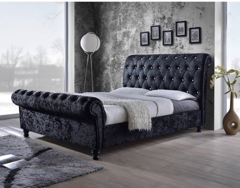Photo 1 of BAXTON STUDIO CASTELLO BLACK VELVET UPHOLSTERED FAUX CRYSTAL-BUTTONED SLEIGH QUEEN PLATFORM BED