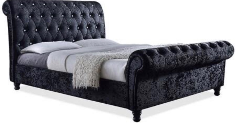 Photo 3 of BAXTON STUDIO CASTELLO BLACK VELVET UPHOLSTERED FAUX CRYSTAL-BUTTONED SLEIGH QUEEN PLATFORM BED