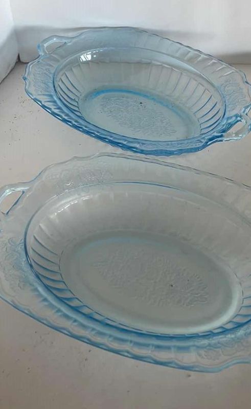 Photo 2 of 2-MAYFAIR OPEN ROSE ANCHOR HOCKING BLUE GLASS SERVING DISHES 6”