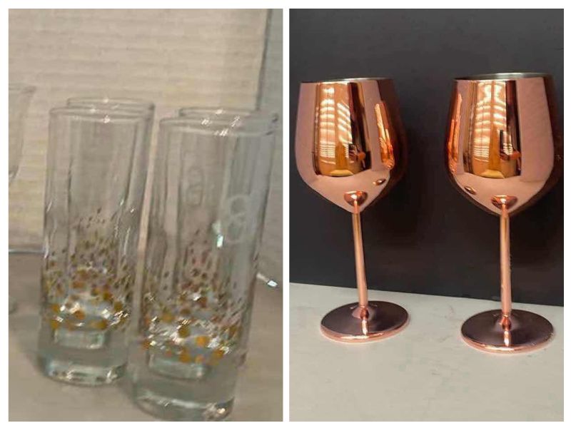 Photo 1 of SHOT GLASSES & TWO PIECE COPPER COLOR STEMWARE 9”