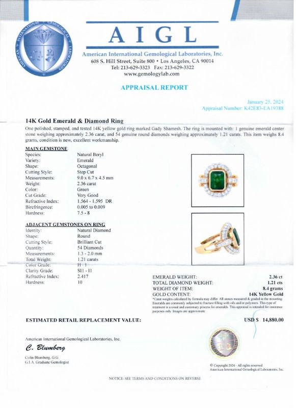 Photo 1 of ORIANNE 2.36ct EMERALD & 1.21ctw DIAMOND14K YELLOW GOLD RING SIZE 7, WEIGHT OF ITEM: 8.4 grams WITH APPRAISAL - RN035716
