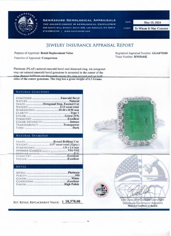 Photo 1 of ORIANNE 3.13ct EMERALD & 0.57ctw DIAMOND PLATINUM RING SIZE 6 3/4, GROSS WEIGHT of 6.3 Grams WITH APPRAISAL - RN036442
