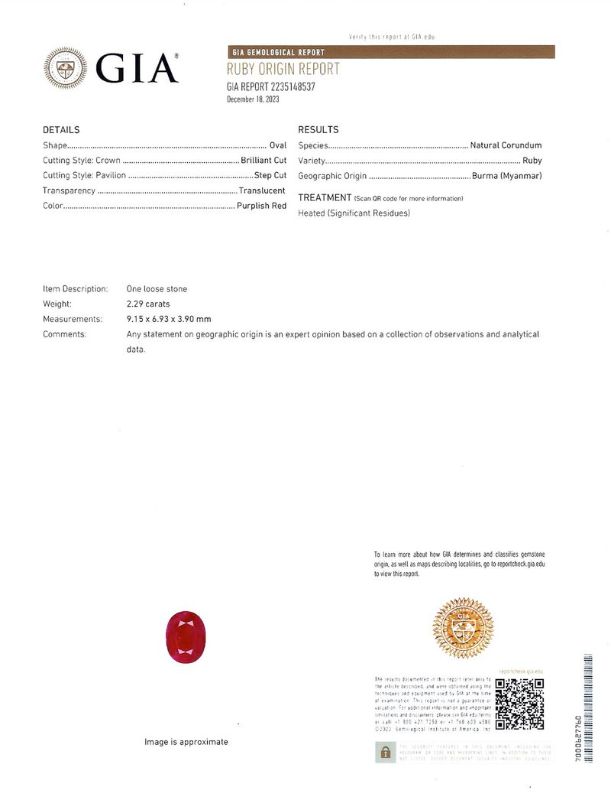 Photo 1 of ORIANNE 2.29ct BURMESE RUBY & 0.84ctw DIAMOND PLATINUM RING SIZE 6 3/4,WEIGHT OF ITEM: 7.1 grams  (GIA CERTIFIED) WITH APPRAISAL - RN036273
