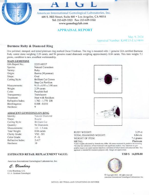 Photo 1 of ORIANNE 2.29ct BURMESE RUBY & 0.84ctw DIAMOND PLATINUM RING SIZE 6 3/4,WEIGHT OF ITEM: 7.1 grams  (GIA CERTIFIED) WITH APPRAISAL - RN036273
