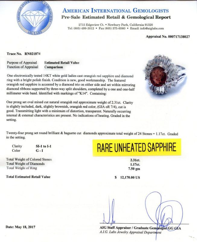 Photo 1 of ORIANNE 2.31ct UNHEATED RED SAPPHIRE &1.17ctw DIAMOND 14K WHITE OLD RING SIZE 7, TOTAL WEIGHT OF 7.50 gm WITH APPRAISAL - RN021874

