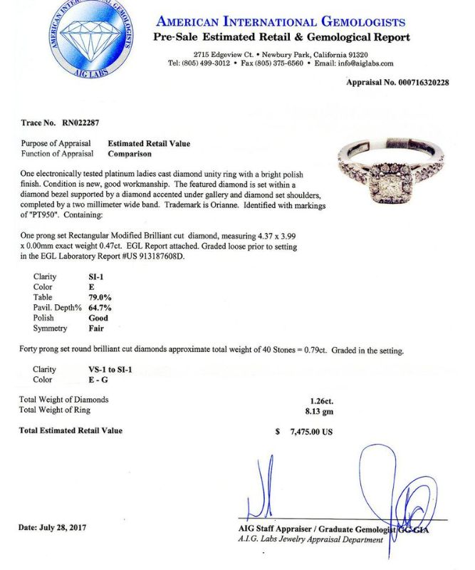 Photo 1 of ORIANNE 1.26ctw SI1 CLARITY E COLOR DIAMOND PLATINUM RING SIZE 7,  Total Weight of Ring 8.13 gm (EGL USA CERTIFIED) WITH APPRAISAL - RN022287

