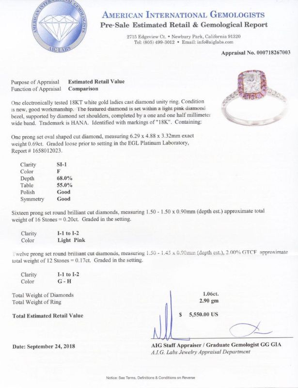 Photo 1 of ORIANNE 0.69ct SI1 CLARITY F COLOR CENTER DIAMOND 18K WHITE GOLD RING SIZE 7, TOTAL WEIGHT OF RING 2.90 gm (1.06ctw Diamonds) EGL CERTIFIED WITH APPRAISAL - RN025583

