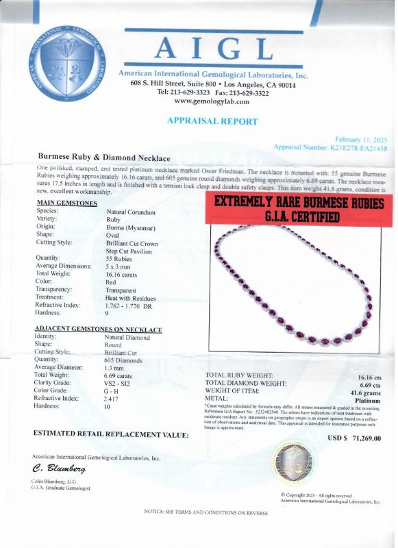 Photo 1 of ORIANNE 16.16ctw BURMESE RUBY & 6.69ctw DIAMOND PLATINUM 17.5" NECKLACE TOTAL WEIGHT OF ITEM: 41.6 grams   (GIA CERTIFIED) WITH APPRAISAL- NK015950
