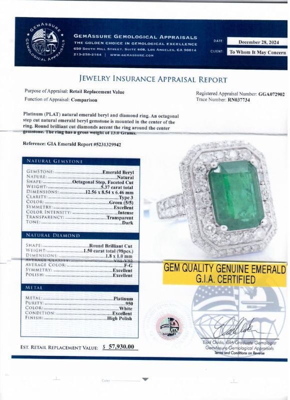 Photo 1 of ORIANNE 5.37ct EMERALD & 1.50ctw DIAMOND PLATINUM RING TOTAL WEIGHT 13.0 grams SIZE 7 1/4 (GIA CERTIFIED) WITH APPRAISAL - RN037734 
