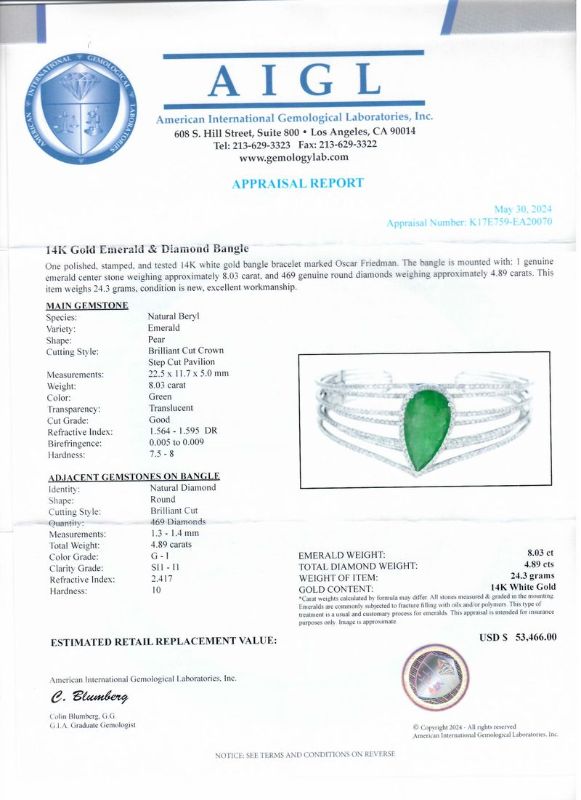 Photo 1 of ORIANNE 8.03ct EMERALD & 4.89ctw DIAMOND 14K WHITE GOLD BANGLE BRACELET WEIGHT OF ITEM: 24.3 grams GOLD CONTENT: 14K WHITE GOLD SIZE: 7" WITH APPRAISAL -  BG001401

 