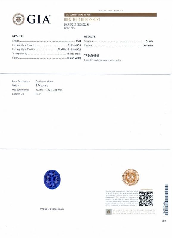 Photo 1 of ORIANNE 8.74ct TANZANITE & 1.50ctw DIAMOND PLATINUM RING SIZE 7,  TOTAL WEIGHT 12.8 grams WITH APPRAISAL (GIA CERTIFIED) - RN036423
