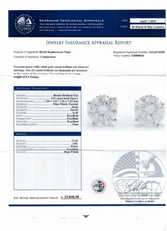 Photo 1 of ORIANNE 3.11ctw G to H COLOR SI2 to I1 CLARITY DIAMOND 14K WHITE GOLD STUD EARRINGS WITH APPRAISAL - ER008030
