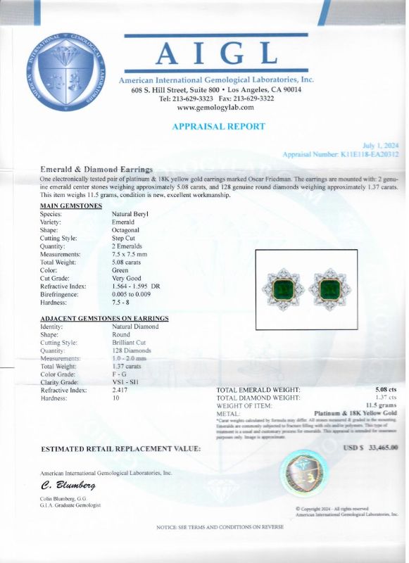 Photo 1 of ORIANNE 5.08ctw EMERALD & 1.37ctw DIAMOND PLATINUM & 18K YELLOW GOLD EARRINGS WITH APPRAISAL - ER007623
