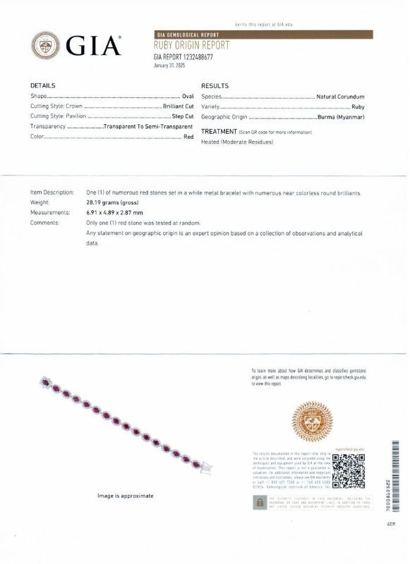 Photo 1 of ORIANNE 13.96ctw BURMESE RUBY & 2.63ctw DIAMOND PLATINUM BRACELET MEASURES 7", TOTAL WEIGHT 28.1 grams   (GIA CERTIFIED) WITH APPRAISAL - BR008662
