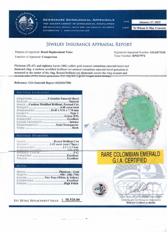 Photo 1 of ORIANNE 4.48ct COLOMBIAN EMERALD & 1.02ctw DIAMOND PLATINUM &18K YELLOW GOLD RING SIZE 6 3/4, TOTAL WEIGHT 8.9 Grams WITH APPRAISAL (GIA CERTIFIED) - RN037974
