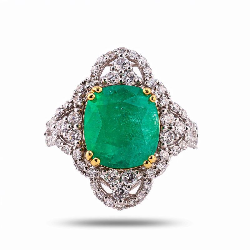 Photo 1 of ORIANNE 4.48ct COLOMBIAN EMERALD & 1.02ctw DIAMOND PLATINUM &18K YELLOW GOLD RING SIZE 6 3/4, TOTAL WEIGHT 8.9 Grams WITH APPRAISAL (GIA CERTIFIED) - RN037974
