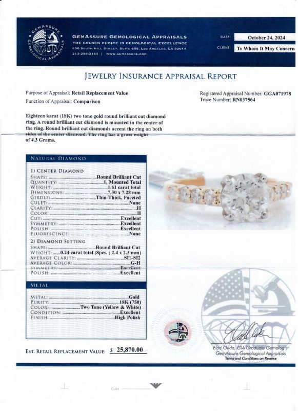 Photo 1 of ORIANNE 1.61ct H COLOR I1 CLARITY CENTER DIAMOND 18K YELLOW & WHITE GOLD SOLITAIRE RING SIZE 5 3/4, TOTAL WEIGHT 4.3 grams WITH APPRAISAL - RN037564
 