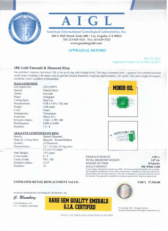 Photo 1 of ORIANNE 4.40ct EMERALD & 1.07ctw DIAMOND 18K WHITE GOLD RING SIZE 6 1/4, TOTAL WEIGHT 8.0 grams (Minor Oil Treatment) GIA CERTIFIED WITH APPRAISAL - RN036176
