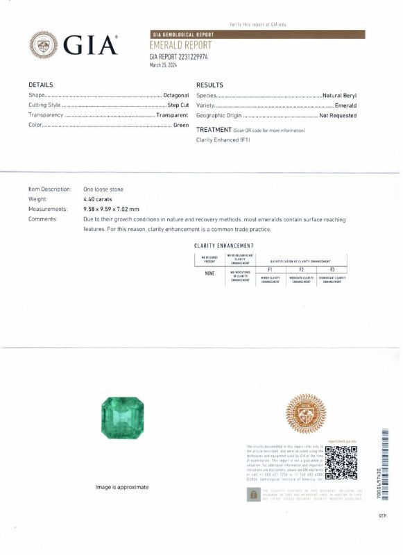Photo 1 of ORIANNE 4.40ct EMERALD & 1.07ctw DIAMOND 18K WHITE GOLD RING SIZE 6 1/4, TOTAL WEIGHT 8.0 grams (Minor Oil Treatment) GIA CERTIFIED WITH APPRAISAL - RN036176
