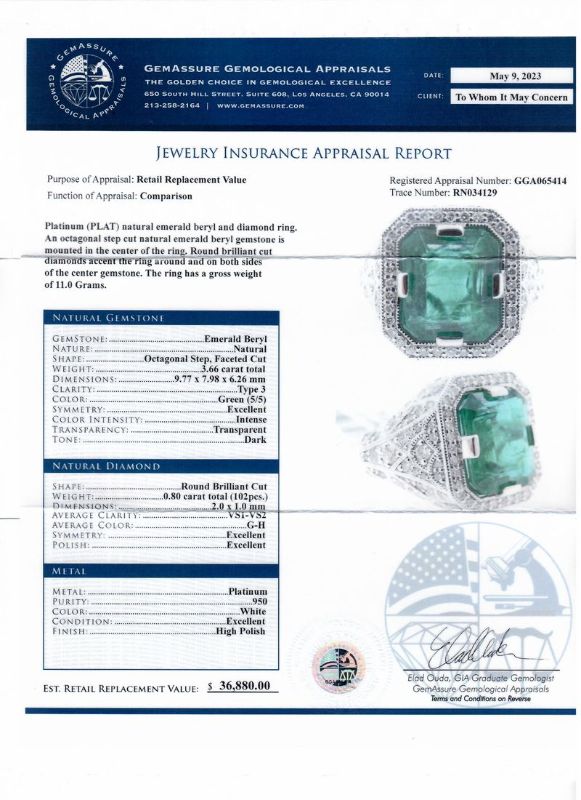 Photo 1 of ORIANNE 3.66ct EMERALD & 0.80ctw DIAMOND PLATINUM RING SIZE 6 3/4,  TOTAL WEIGHT 11.0 Grams WITH APPRAISAL - RN034129
