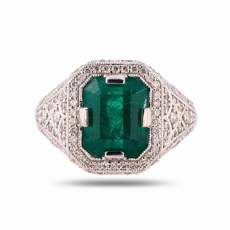 Photo 1 of ORIANNE 3.66ct EMERALD & 0.80ctw DIAMOND PLATINUM RING SIZE 6 3/4, TOTAL WEIGHT 11.0 Grams WITH APPRAISAL - RN034129