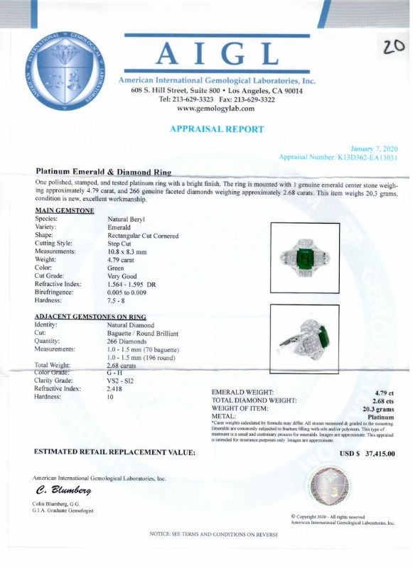 Photo 1 of ORIANNE 4.79ct EMERALD & 2.68ctw DIAMOND PLATINUM RING SIZE 7, TOTAL WEIGHT 20.3 grams  WITH APPRAISAL - RN027662
