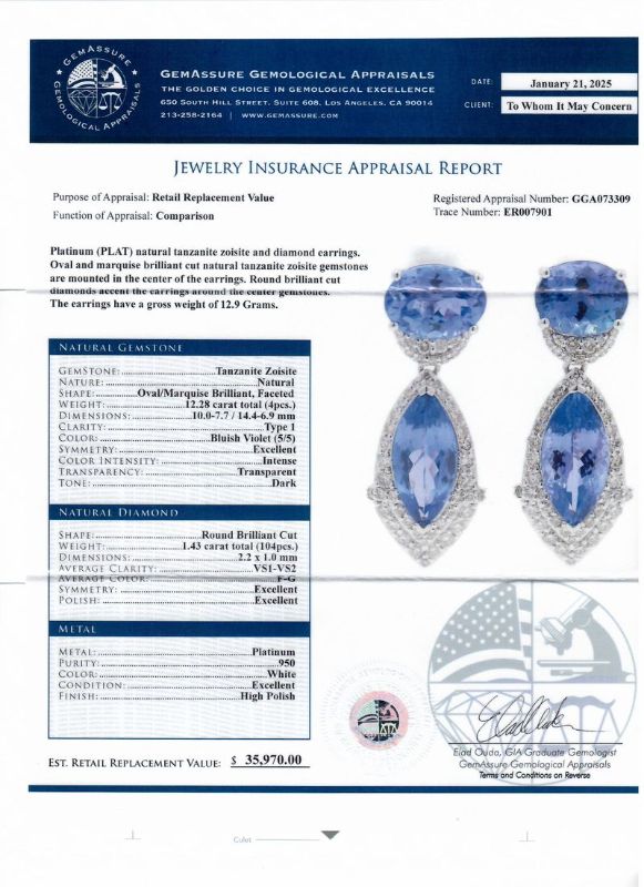 Photo 1 of ORIANNE  12.28ctw TANZANITE & 1.43ctw DIAMOND PLATINUM EARRINGS GROSS WEIGHT 12.9 Grams WITH APPRAISAL - ER007901
