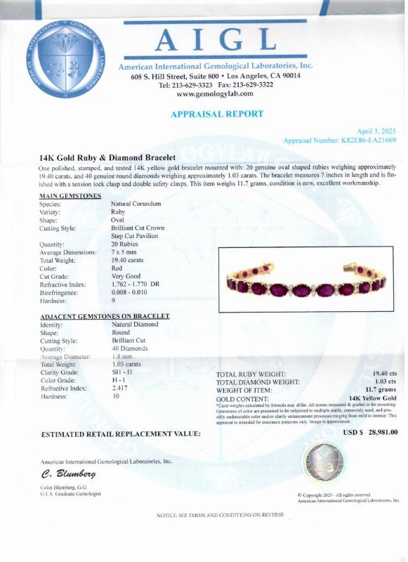 Photo 1 of ORIANNE 19.40ctw RUBY & 1.03ctw DIAMOND 14K YELLOW GOLD BRACELET SIZE 7", WEIGHT OF ITEM: 11.7 grams WITH APPRAISAL - BR008727
