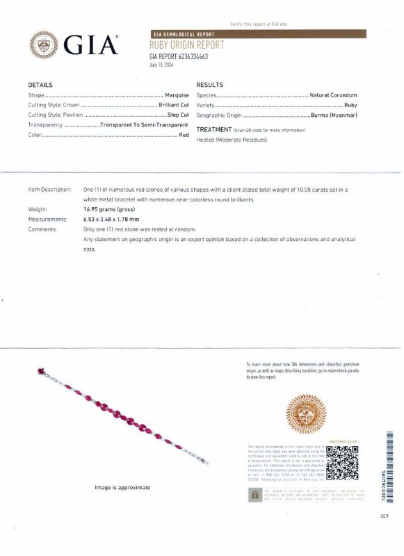 Photo 1 of ORIANNE 10.05ctw BURMESE RUBY & 1.91ctw DIAMOND PLATINUM BRACELET SIZE 7", WEIGHT OF ITEM: 16.9 grams (GIA CERTIFIED) WITH APPRAISAL - BR008384
