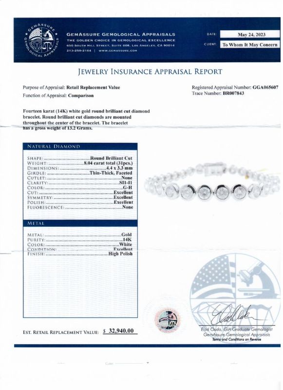 Photo 1 of ORIANNE 8.04ctw G to H COLOR SI1 to I1 CLARITY DIAMOND 14K WHITE GOLD TENNIS BRACELET SIZE 7" GROSS WEIGHT 13.2 Grams WITH APPRAISAL - BR007843
