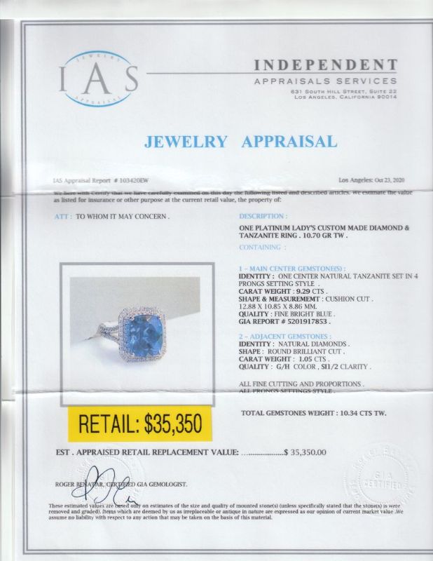 Photo 1 of ORIONNE 9.29ct TANZANITE & 1.05ctw DIAMOND PLATINUM RING SIZE 7, TOTAL WEIGHT 10.70 Grams (GIA CERTIFIED) WITH APPRAISAL - RN028992

