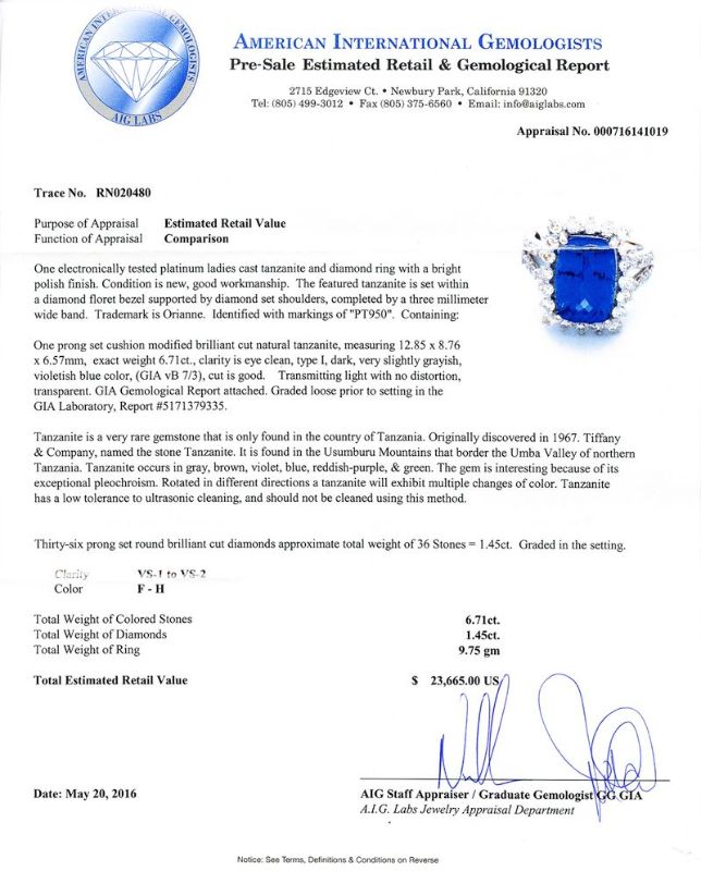 Photo 1 of ORIANNE 6.71ct TANZANITE & 1.45ctw DIAMOND PLATINUM RING SIZE 7 1/4, TOTAL WEIGHT 9.75 gm  WITH APPRAISAL - RN020480

