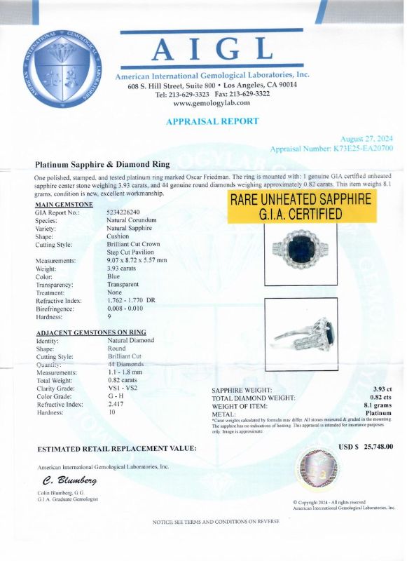 Photo 1 of ORIANNE 3.93ct UNHEATED BLUE SAPPHIRE & 0.82ctw DDIAMOND PPLATINUM RING SIZE 7, WEIGHT OF ITEM: 8.1 grams WITH APPRAISAL (GIA CERTIFIED) - RN037163

