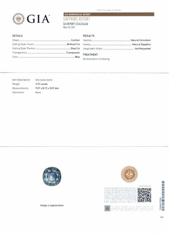 Photo 1 of ORIANNE 3.93ct UNHEATED BLUE SAPPHIRE & 0.82ctw DDIAMOND PPLATINUM RING SIZE 7, WEIGHT OF ITEM: 8.1 grams WITH APPRAISAL (GIA CERTIFIED) - RN037163

