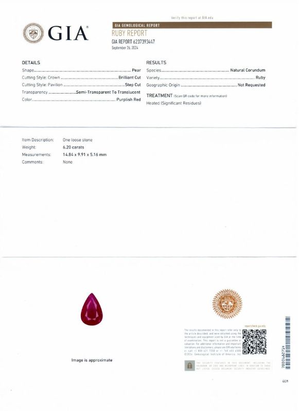 Photo 1 of ORIANNE 6.20ct Ruby and 1.09ctw Diamond Platinum Ring SIZE 7 1/4, WEIGHT OF ITEM: 7.5 grams  WITH APPRAISAL (GIA CERTIFIED) - RN037836
