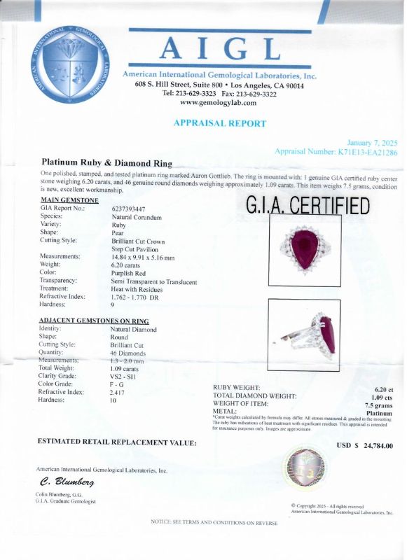 Photo 1 of ORIANNE 6.20ct Ruby and 1.09ctw Diamond Platinum Ring SIZE 7 1/4, WEIGHT OF ITEM: 7.5 grams  WITH APPRAISAL (GIA CERTIFIED) - RN037836

